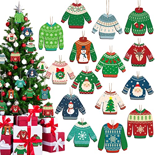 30 Pcs Ugly Sweater Ornament Wooden Christmas Sweater Ornaments Winter Sweater Hanging Ornament with Lanyard for Christmas Party Decoration Wintertime Sweater Holiday Xmas Party