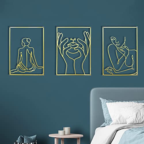 UCHIHA Gold Metal Wall Decor Set of 3, 0.12”Thicker Minimalist Line Art, Modern Abstract Female Single Art Hanging Sculptures for Above Bed Living Room 17.0 x 11.8 Inches