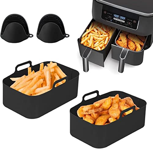 Air Fryer Silicone Pot for Ninja Foodi Dual DZ201/ DZ401,Reusable Rectangle Basket,Food Safe Fryers Pot, Liner 8 QT Fryer(Black), 7.87x5x2.75 inch