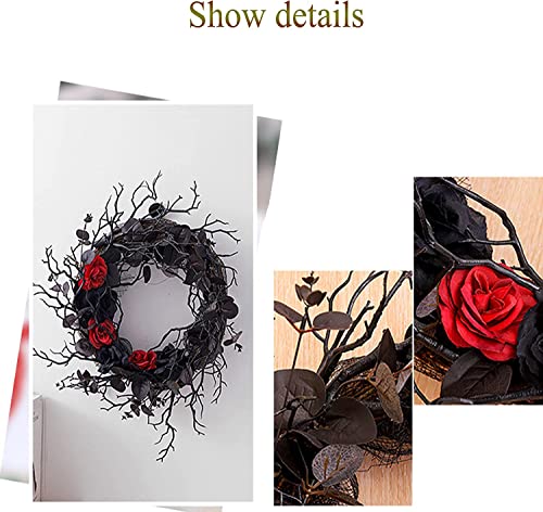 HANTURE FQQWEE Black Halloween Door Wreath with Eucalyptus Leaves Red Rose 15In Happy Halloween Wreath for Front Door Artificial Black Eucalyptus Twig Wreath for Gothic Halloween Home Decor | The Storepaperoomates Retail Market - Fast Affordable Shopping