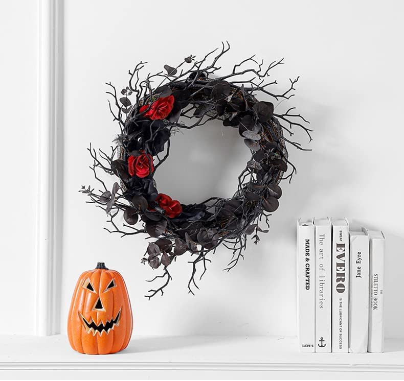 HANTURE FQQWEE Black Halloween Door Wreath with Eucalyptus Leaves Red Rose 15In Happy Halloween Wreath for Front Door Artificial Black Eucalyptus Twig Wreath for Gothic Halloween Home Decor | The Storepaperoomates Retail Market - Fast Affordable Shopping