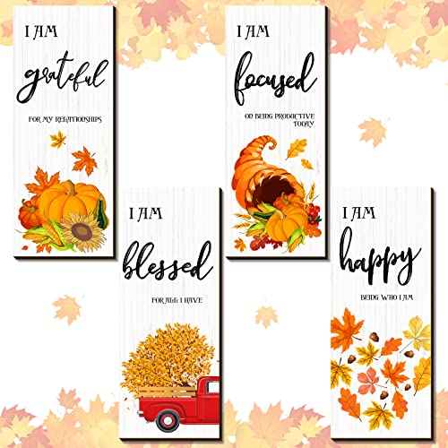 4 Pcs Thanksgiving Fall Leaves Pumpkin Farmhouse Wall Decor Autumn Inspirational Grateful Blessed Wooden Signs Hanging Fall Wall Art Living Room Rustic Wood Plaque for Home Office Kitchen Bathroom