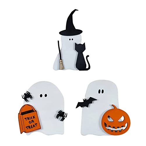 3Pcs Halloween Tiered Tray Decor Set, Farmhouse Rustic Wooden Home Coffee Bar Mini Signs for Halloween Decors, Small Pumpkin Ghost Tiered Tray Stand Vintage Items Bulk (3PC-Cute Ghost)