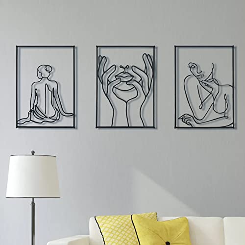 UCHIHA Black Metal Wall Decor Set of 3, 0.12”Thicker Minimalist Line , Modern Abstract Female SingleHanging Sculptures for Above Bed Living Room 17.0 x 12.0 Inches, 3 Pack
