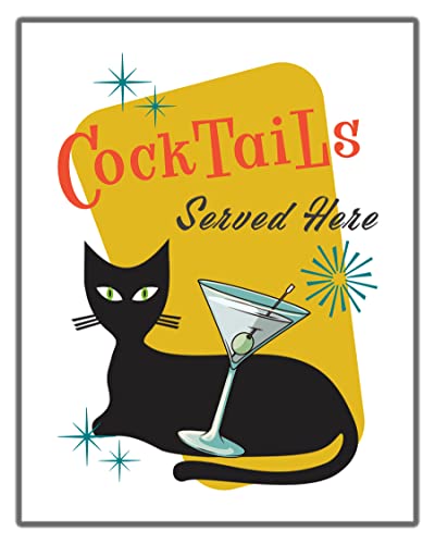 Mid Century Modern No.21 Wall Art Print – 11×14 UNFRAMED Retro Boho Aesthetic Kitchen, Bar Decor. Atomic Cat with Martini “Cocktails Served Here”