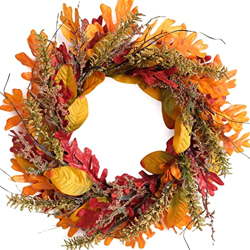 18″ Fall Orange Maple Leaves Wreath for Front Door, Artificial tri-Colour Mix of Autumn Leaves Pinecone Wreath for Indoor and Outdoor, Harvest and Thanksgiving Home Decor