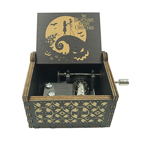 KYHSOM Wooden Engraved Music Box He-Nightmare-Before-Christmas-Music-Box Hand-cranked Musical Box (Black)