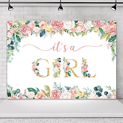 Omifly It’s a Girl Baby Shower Backdrop for Photography Watercolor Pink Floral Gold Gender Reveal Beautiful Cute Background Party Decorations Cake Table Banner Decor Photo Booth Studio Props