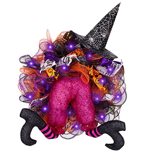 XIMISHOP Halloween Wreaths for Front Door Outside Decoration，Halloween Decorations Witch Hat and Legs Wreath, Lighted with 20 LED Purple Lights Wreath Ornaments for Holiday Party Indoor Decor