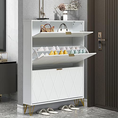 Anbuy Shoe Cabinet, Free Standing Tipping Bucket Shoes Cabinets, Shoes Storage Cabinet with 3 Flip Drawers, Narrow Shoe Rack Cabinet for Entryway, Modern Shoes Organizer (White)