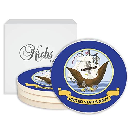 Krebs United States Navy Emblem Drink Coasters Set of Four 4″ USN Military Patriotic Ceramic Stone US Armed Forces Veterans Home Décor for Servicemen & Family (Ship)