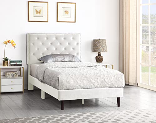 Twin Upholstered Platform Bed Frame with 48″ Tall Adjustable Headboard – Button Tufted Suede Velour Bed- Wood Slat Support with Storage Space- No Box Spring Needed – Beige – OLIVER & SMITH – Princeton