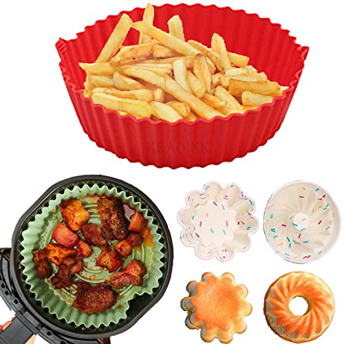 Air Fryer Silicone Liners, Reusable Air Fryer Silicone Pot with 2pcs Muffin Cup, Air Fryer Silicone Baking Pan Basket, Food Safe Non Stick Microwave Oven Accessories (8.67 Inch, Large, Red)