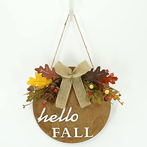 Welcome Sign Hello Sign Front Door Round Wooden Fall Wreath with Brown Oak Fruit and Wood Oak Leaf for Farmhouse Porch Wall Holiday Home Decoration