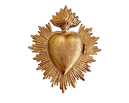 Sacred Heart, Metal Heart Milagro, Heart Box, Ex Voto, Prayer Holder (Antique Gold)