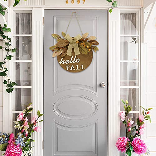 Welcome Sign Hello Sign Front Door Round Wooden Fall Wreath with Brown Magnolia Leaves and Small Pomegranate Fruits Leaves for Farmhouse Porch Wall Holiday Home Decoration