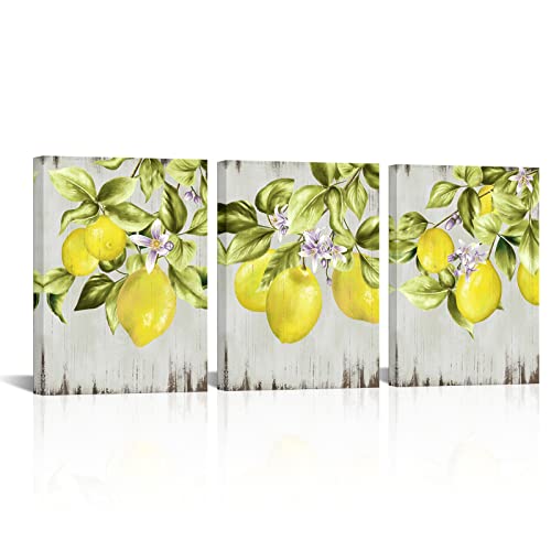 VANSEEING 3 Pieces Lemon Canvas Wall Art Set Yellow Lemon with Flower Painting Picture Fruit Poster Prints Artwork for Farmhouse Kitchen Dining Room Decor Ready to Hang 12x16inchx3pcs (Small)