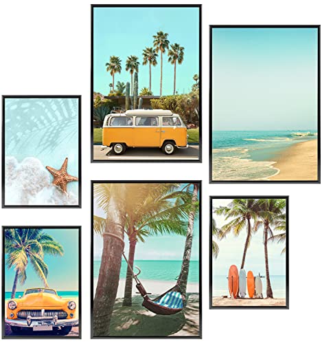 Set of 6 Large Beach Wall Art for Living Room Bedroom Office Bathroom Blue Seascape View Themed Picture Poster Printing Wall Decor Starfish Surfboard Bus Palm Tree for Teens Home Decorations Unframed