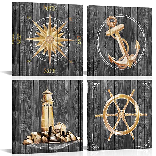 VANSEEING 4Pcs Nautical Wall Art Ocean Theme Lighthouse Boat Anchor Ship Wheel Compass Paintings Rustic Pictures Artwork Gray and Gold Poster Print for Home Bathroom Decor Artwork Ready to Hang Each Piece 12×12 Inch