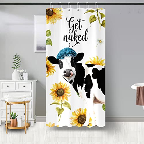 Funny Cow Sunflower Get Naked Shower Curtain, Cute Bull Farmhouse Animal and Flower in Bathtub Shower Curtain Set, Fun Cattle Adult Shower Curtain for The Bathroom Polyester Fabric with 12 Hooks 36X72