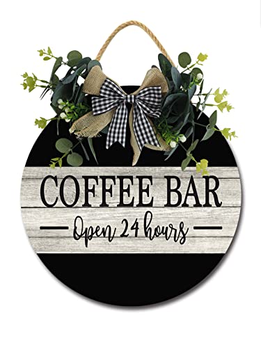 SLIYIYoo Coffee Bar Sign Front Door Porch Decorations, Round Rustic Wood Hanging Sign for Farmhouse Porch Outdoor Home Holiday Front Door Sign Decor