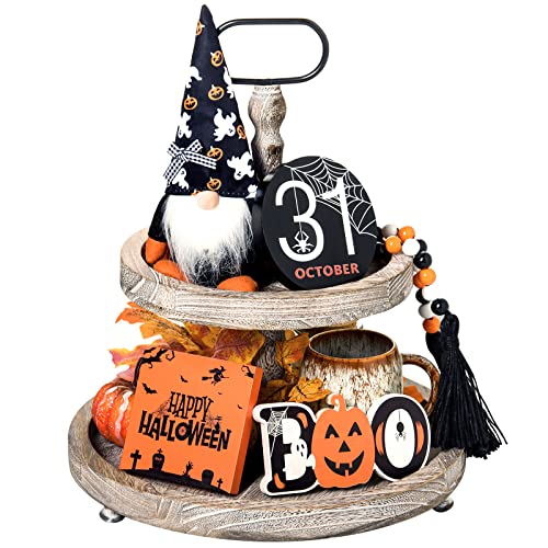 5Pcs Halloween Tiered Tray Decor Halloween Farmhouse Decoration Halloween Gnomes Plush Wooden Bead Garlands Happy Halloween Boo Wooden Signs for Home Table House Room(Tiered Tray Not Included)