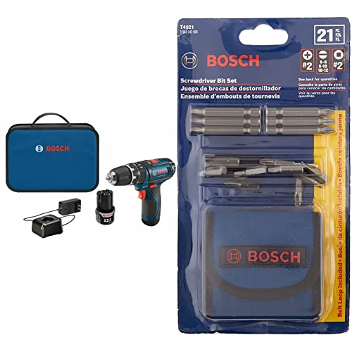 BOSCH PS130-2A 12-Volt Lithium-Ion Ultra-Compact Hammer Drill/Driver Kit, 3/8-Inch, Blue&BOSCH T4021 Screwdriver Bit Set, Blue, 21-Piece