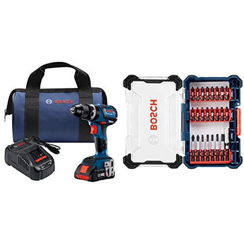 BOSCH GSB18V-535CB15 18V EC Brushless Connected-Ready Compact Tough 1/2 In.Hammer Drill/Driver with(1) CORE18V 4.0Ah Compact Battery&BOSCH 24 Piece Impact Tough Screwdriving Custom Case System SDMS24