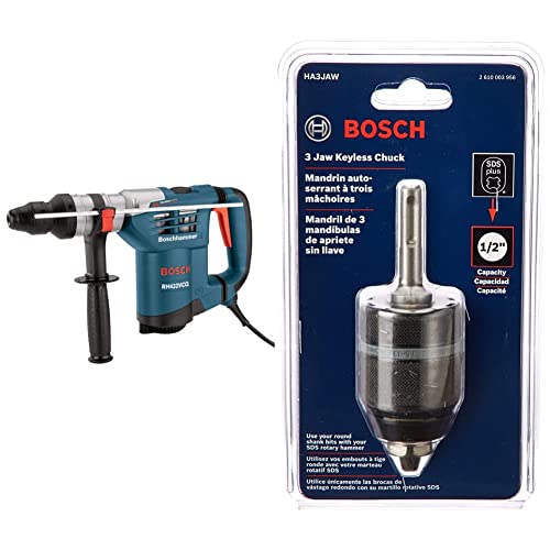 BOSCH RH432VCQ 1-1/4-Inch SDS-Plus Rotary Hammer Kit, Blue&BOSCH 3-Jaw Keyless Chuck with SDS-Plus Shank, 1/2-Inch HA3JAW