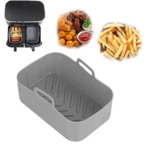Air Fryer Silicone Pot Basket for Ninja Foodi Dual DZ201, Rectangle Reusable Silicone Air Fryer Liner for Ninja 8 QT, Silicone Bakeware for Air Fryer, Oven, and Microwave, Gray