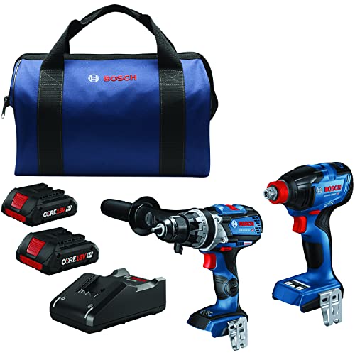 BOSCH GXL18V-227B25 18V 2-Tool Combo Kit with Connected-Ready Freak Two-In-One 1/4 In. and 1/2 In. Impact Driver, Connected-Ready 1/2 In. Hammer Drill/Driver and (2) CORE18V 4.0 Ah Compact Batteries