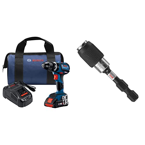 BOSCH GSB18V-535CB15 18V EC Brushless Connected-Ready Compact Tough 1/2 In. Hammer Drill/Driver with (1) CORE18V 4.0 Ah Compact Battery&BOSCH ITBHQC201 2 1/4″, Impact Tough Quick Change Bit Holder