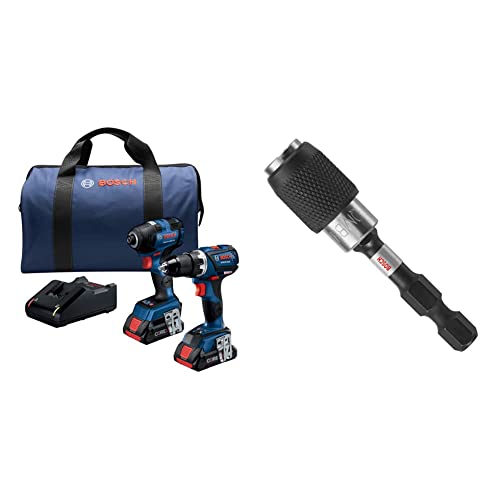BOSCH GXL18V-238B25 18V2-Tool ComboKit with Connected-Ready 1/4In. Hex Impact Driver,Tough 1/2In. Drill/Driver & (2)CORE18V 4.0Ah Batteries&BOSCH ITBHQC201 2 1/4″,Impact Tough Quick Change Bit Holder
