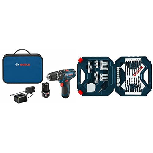 BOSCH PS130-2A 12-Volt Lithium-Ion Ultra-Compact Hammer Drill/Driver Kit, 3/8-Inch, Blue&BOSCH 65-Piece Drilling and Driving Mixed Set MS4065