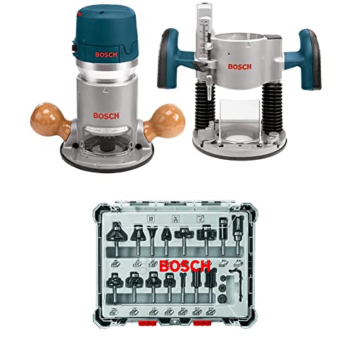 BOSCH 1617EVSPK Wood 12 Amp Router Tool Combo Kit – 2.25 Horsepower Plunge Router & Fixed Base with a Variable Speed&BOSCH 15 pc. Carbide-Tipped Wood Router Bit Set