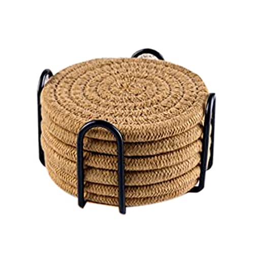Drink Coasters Cup Mat Pure Cotton with Holder Absorbent Coasters for Kinds of Cups 4.3 Inches Protection Tabletop 6 Piece Set Jute Color