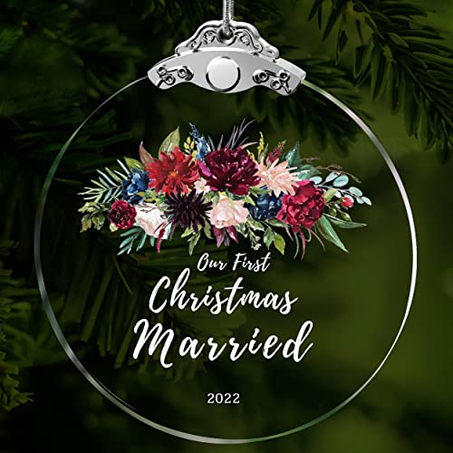 First Christmas Married Ornament 2022 Bridal Shower Gifts Wedding Gifts for Couples Unique 2022 Keepsakes (Colourful Married Ornament Glass)