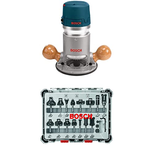 BOSCH 1617EVS 2.25 HP Electronic Fixed-Base Router&BOSCH 15 pc. Carbide-Tipped Wood Router Bit Set