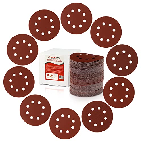 5 Inch Sanding Discs Hook and Loop – 150 Pcs 8-Holes Orbital Sandpaper Includes – 60/80/100/120/150/180/240/320/400/600 Assorted – Dustless and Anti-Clogging – by MaxoPro