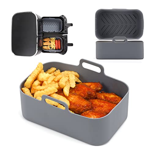 KINLYBO 1PCS Air Fryer Silicone Pot for Ninja Dual Air fryer, Food Safe Reusable Silicone Rectangle Basket with Handles Air Fryer Liner Oven Accessories