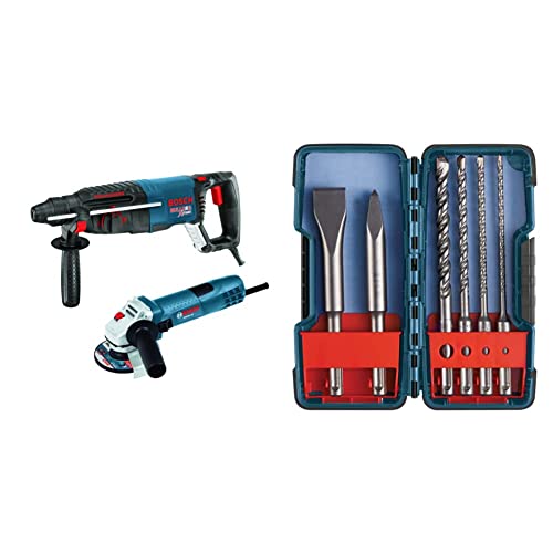 Bosch 11255VSR-GWS8 1″ SDS-plus Bulldog Xtreme Rotary Hammer with 4-1/2″ Small Angle Grinder, Blue&BOSCH 6 Piece SDS-plus Masonry Trade Bit Set, Chisels and Carbide, HCST006