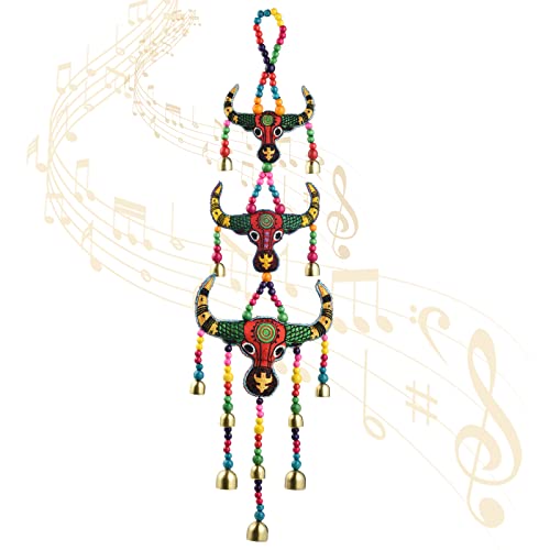 UVWSKODT Bull Head Wind Chimes, Individual Bull’s Head Embroidery Pattern Decoration Pendant, Colorful Wooden Beads Hanging Wall Door Bell Decoration