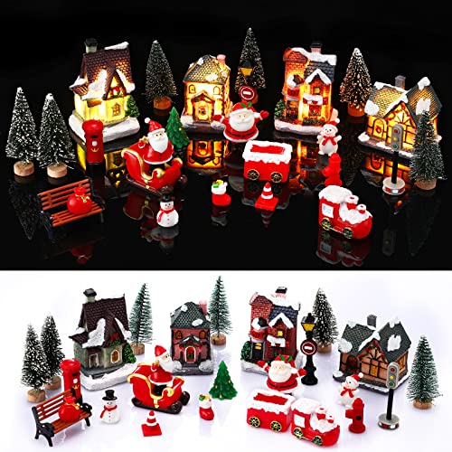 26 Pieces Christmas Village Set Lighted Xmas Village Houses with Figurines Small Christmas Town Scene Collectible Holiday Village Decorations Displays for Indoor Room Desktop Decor (Classic Style)