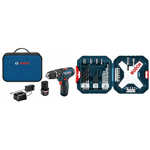 BOSCH PS130-2A 12-Volt Lithium-Ion Ultra-Compact Hammer Drill/Driver Kit, 3/8-Inch, Blue&BOSCH MS4034 Drilling and Driving Set (34-Piece), Black
