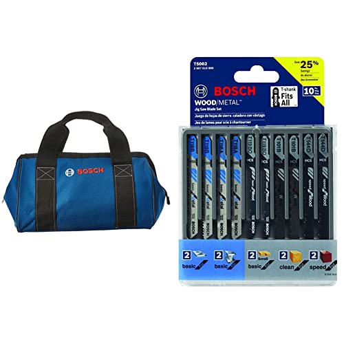 Bosch CW01 Small Contractor Tool Bag 12.75 In. x 8 In. x 9 In.&BOSCH T5002 T-Shank Multi-Purpose Jigsaw Blades, 10 Piece, Assorted, Jig Saw Blade Set for Cutting Wood and Metal