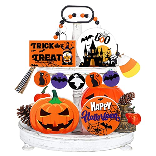 KAISHANE Halloween Decor – Halloween Decorations – Pumpkin/Happy Halloween/Trick or Treat Wooden Sign and Bead Garland – Holiday Tiered Tray Decorations Items for Living Room, Bedroom, Home Table