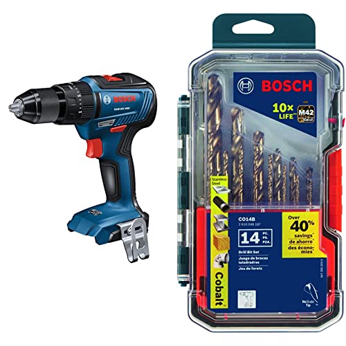 Bosch GSB18V-490N 18V EC Brushless 1/2 In. Hammer Drill/Driver (Bare Tool)&BOSCH CO14B 14 Pc. Cobalt M42 Drill Bit Set