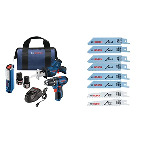 BOSCH Power Tools Combo Kit GXL12V-310B22-12V Max 3-Tool Set with 3/8 In. Drill/Driver, Pocket Reciprocating Saw and LED Worklight&BOSCH R12V8PK 8-Piece All-Purpose Reciprocating Saw Blade Set