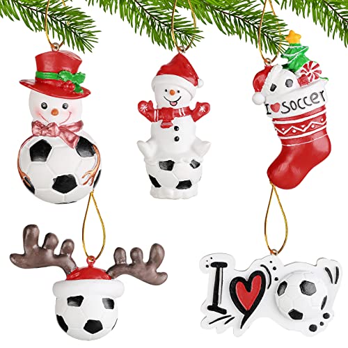 5 Pieces Soccer Ornaments for Christmas Tree, Snowman Christmas Ornaments, Snowman Soccer Hanging Ornament Xmas Reindeer Soccer Pendent Resin for Xmas Holiday Party Tree Decoration