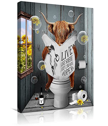 BOLDROLE Highland Cow Wall Art for Bathroom Wall Art Decor Cow Reading Newspapers in The Toilet Canvas Wall Art Sunflower and Cow Pictures Wall Decor Farmhouse Artwork Framed Ready To Hang 16″x20″